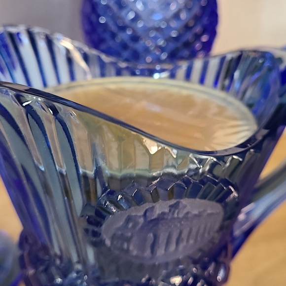 Vintage Fostoria Cobalt Blue Avon Pitcher/Creamer and Two Goblets W/ Orig Candle - Picture 7 of 11